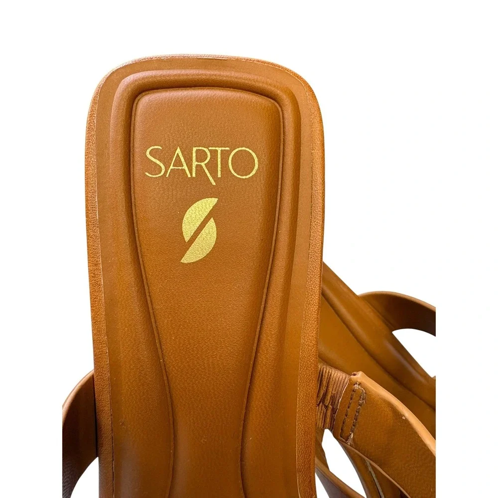 Sarto Flexa Carly Heeled Slide Sandals Cognac Square Toe Block Heel Mule 8.5